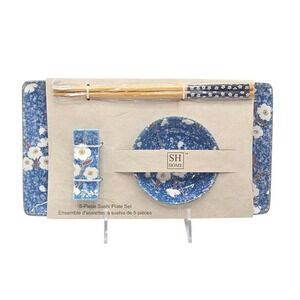 SH Home 5pc Blue Cherry Blossom Sushi Plate Set 11x6 Ceramic Sakura Design